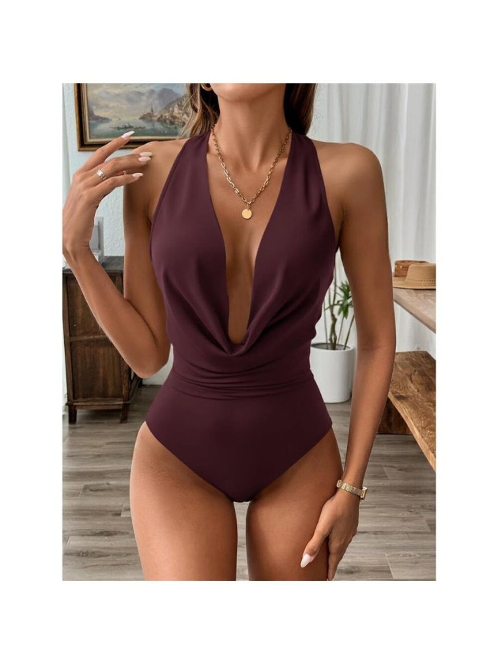Deep V-Neck Halter Bodysuit